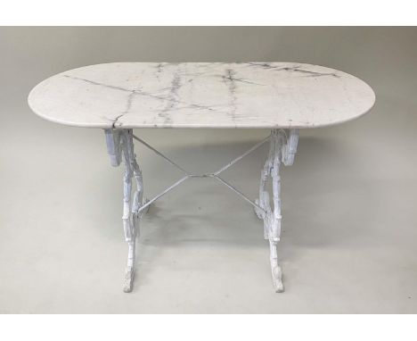 CONSERVATORY/POTTING TABLE, 19th century oval veined white marble top on cast iron double trestle stretchered base, 120cm x 6