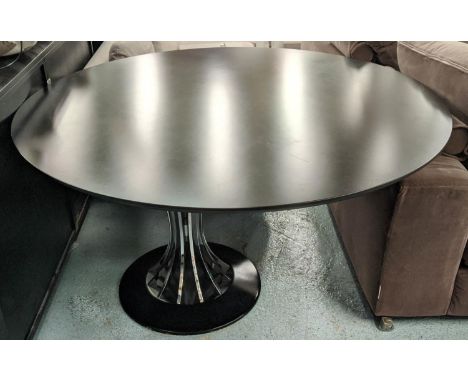 CIRCULAR BLACK TOPPED DINING TABLE, 137cm wide x 76cm H, with polished metal base. 