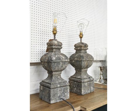 TABLE LAMPS, a pair composite stone, moulded detail, 65cm H x 17cm W. (2) 