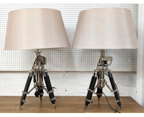 TABLE LAMPS, a pair, extendable tripod bases with shades, each approx 75cm H including shades. (2) 