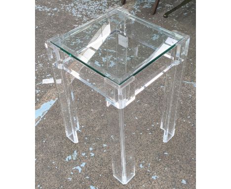 SIDE TABLE, 35cm W x 35cm D x 53cm, perspex and glass. 