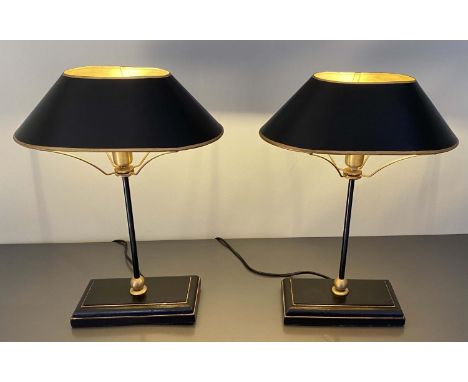 TABLE LAMPS, a pair, 42cm H, Bouillotte style, black and gold. (2) 