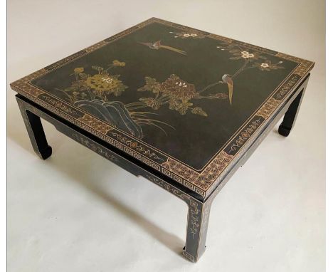 LOW TABLE, square Chinese black lacquer and gilt Chinoiserie decorated, 91cm x 91cm x 41cm H. 