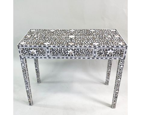 MOORISH CENTRE/SIDE TABLE, rectangular mother of pearl inlaid with two frieze drawers and square section supports, 100cm x 79