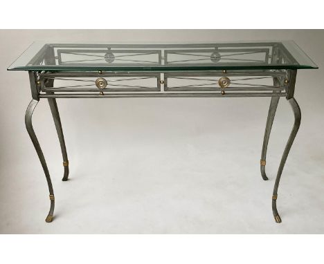 CONSOLE TABLE, Spanish style, grey and gilt metal with bevelled glass top, 122cm x 41cm D x 76cm H. 