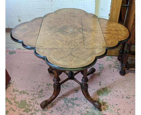 CENTRE TABLE, 51cm x 51cm x 73cm H, Victorian burr walnut with shaped drop leaves on four carved supports. 