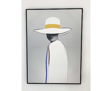 FASHION PRINT ON CANVAS, 140cm H x 100cm  W, depicting an Art Deco model wearing a hat. 