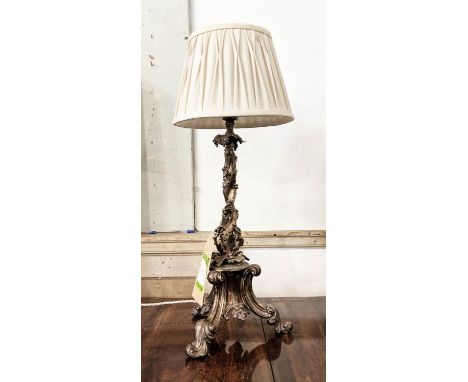 TABLE LAMP, 50cm, silver plate, vine detail on a triform base. 