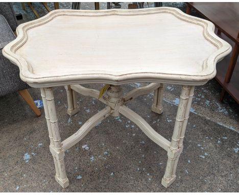 LOW TABLE, 20th century, cream painted on wood, distressed, shaped tray top with pie crust edge, folding base, French style, 