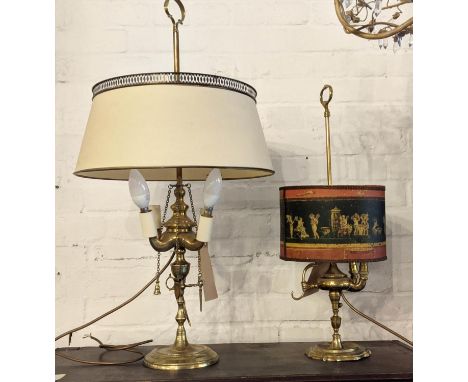 BOUILLOTTE LAMP, 87cm H with a cream paper shade and another 65cm H with a patterned paper shade with a Classical frieze. (2)