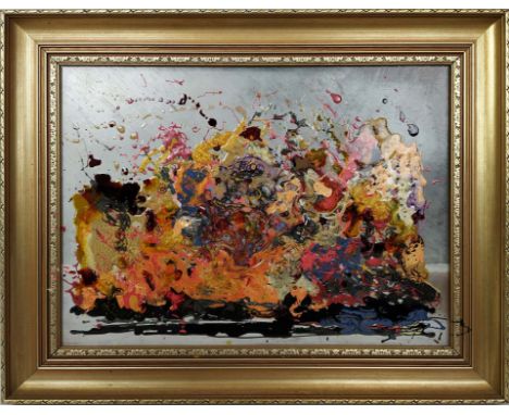 20th CENTURY SCHOOL 'Abstract', enamel and oil on board, 38cm x 50cm, framed. 
