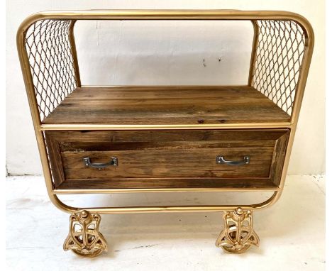 SIDE TABLE,  industrial style, gilt metal and wood, with oversized castors, 57x56x36. 