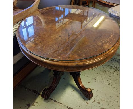 LOO TABLE, 95cm x 128cm x 76cm H, mid Victorian the oval burr walnut tilt top with inlaid detail on carved quadraform support