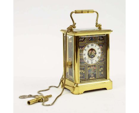 CARRIAGE CLOCK, Buckingham Palace edition, four pillared movement, hand painted dial with floral still lifes, pietra dura, li