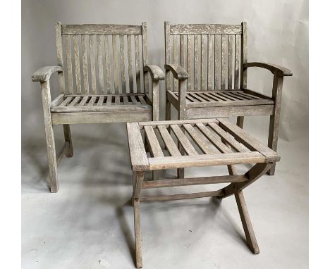 GARDEN ARMCHAIRS, a pair, nicely weathered slatted teak with curved arms and a low X frame table by Alexander Rose, chairs 63