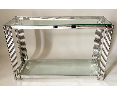 CONSOLE TABLE, 125cm x 43cm x 78cm, contemporary chrome with cluster column supports, glass top and under tiers 