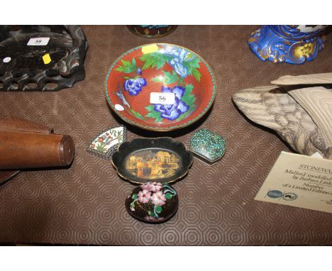 A Chinese cloisonné bowl; a cloisonné fan shaped box; an egg; a brass and turquoise patch box and a lacquered dish