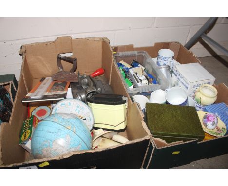 Two boxes of miscellaneous china and metalware; die cast vehicles; world globe etc.