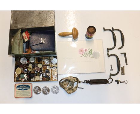 A box containing various sewing items, buttons; scales etc.  and three £5 coins 