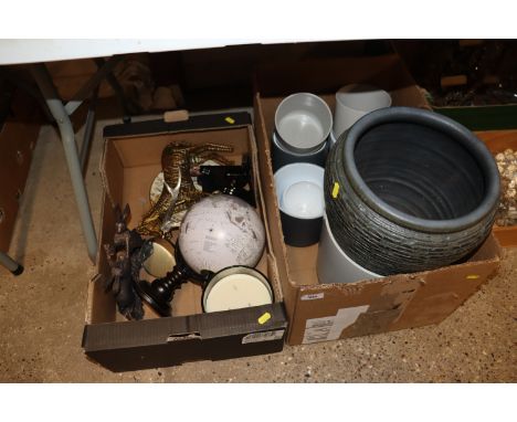 Two boxes containing various jardinières, a World Globe, boxing hare group, candlestand etc. 