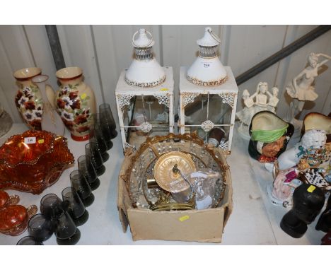 Two candle lanterns and a glass prism drop hung gilt light fitting 
