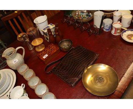 A vintage alligator skin handbag; an Oriental brass dish; a glass measure; an inlaid trinket box; and an enamel jug