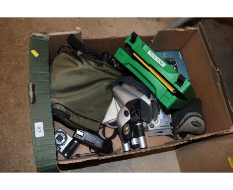 A box containing various cameras to include Fuji Film, Polaroid, binoculars etc.
