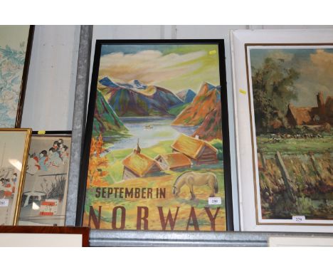 A coloured travel print, "September in Norway"