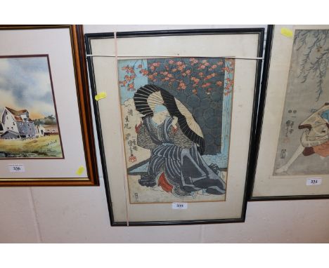 A signed Japanese print of lady sheltering under large parasol