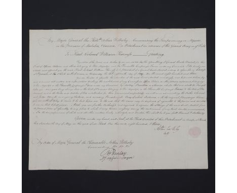 Wellington, Arthur Wellesley, lst Duke. Document signed â€œArthur Wellesleyâ€, 2pp., folio. A warrant appointing Lieut. Col. 