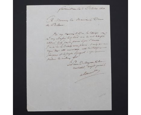 Berthier, Louis Alexandre, Prince of Wagram and Neuchatel, French Marshal.  Letter signed â€œalexandreâ€ to the Duc de Bellun