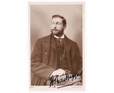 H. Rider Haggard. A postcard photograph portrait, the subject seated in formal dress, facing right, signed across lower right