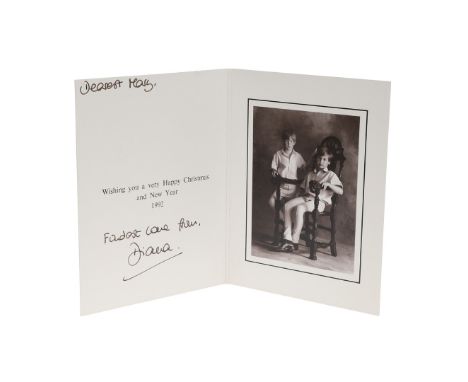 Diana Princess of Wales. Christmas and New Year Card, folded, signed 'Dearest Mary, Fondest love from Diana', with mounted im