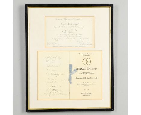 Professor Albert Einstein (1879-1955). A Joint-British Committee Ort-Oze Appeal Reception Dinner Menu, Savoy Hotel, Tuesday 2