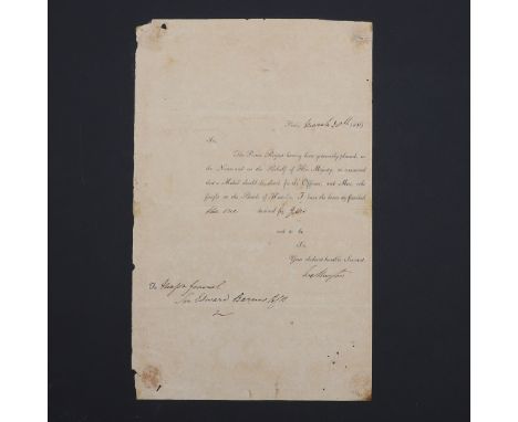 Wellington, Arthur Wellesley, lst Duke. Letter signed,, â€œWellingtonâ€, partly printed and completed in manuscript, 1p., fol