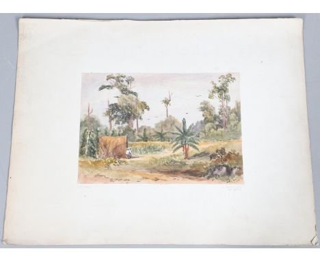 Octavius Mouton-Barrett. 'The Retreat', a watercolour of a Jamaican scene, with two figures standing beside a shelter amid fi