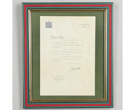 Edward VIII. An autograph letter to Milton Holden Esq. dated 23rd September 1942. Written from Government House Nassau on hea