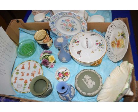 Mixed Lot: Ceramics and glass wares to include a Dresden plate, selection of Wedgwood Jasper wares, Royal Worcester vegetable