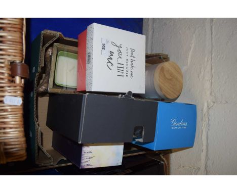 Box of various candles, boxed glass ware, Gordons Gin etc