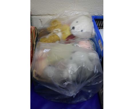 Box of vintage soft toys to include Rupert the Bear