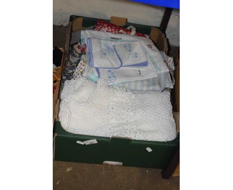 Box of floral curtains, table linen etc