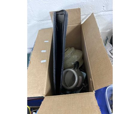 Mixed Lot: Vintage glass light shade, electric heater, folder etc