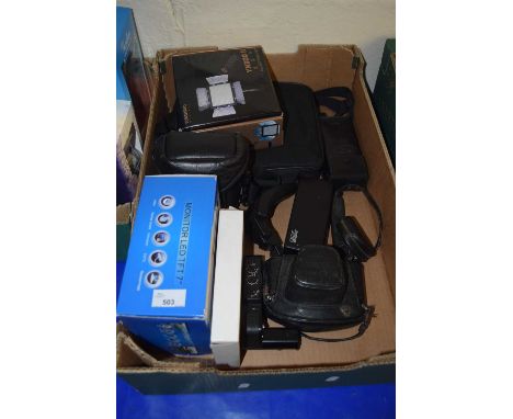 A box containing Pentax camera, Olympus 700BF camera plus various accessories, LED monitor etc