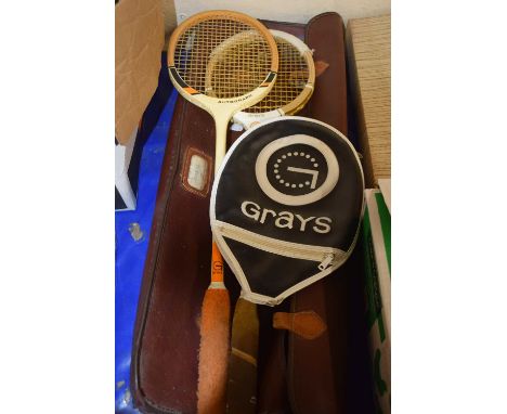 Case of vintage rackets together with a small Victorian album with cut out pictures and verse