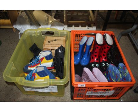 Two boxes containing children's wellington boots, roller skates, elbow pads, knee and wrist guards