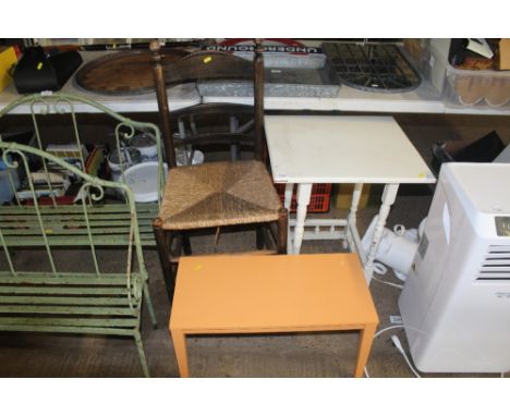 A white painted side table, ladder back chair and orange painted occasional table