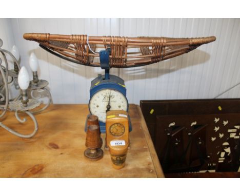 A Boots Family Scale; a mauchline ware money box and medicine cup in mauchline ware case etc.
