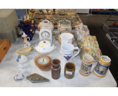 A quantity of various china to include cheese dishes, tankards, coasters, Aynsley mantel clock