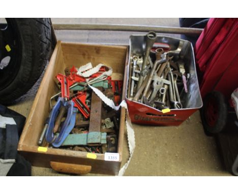 Two boxes containing various hand tools, clamps etc