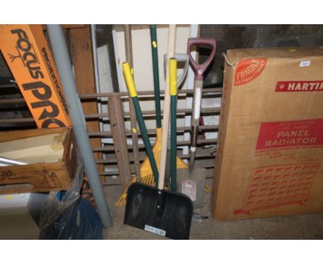 A quantity of long handled gardening tools etc